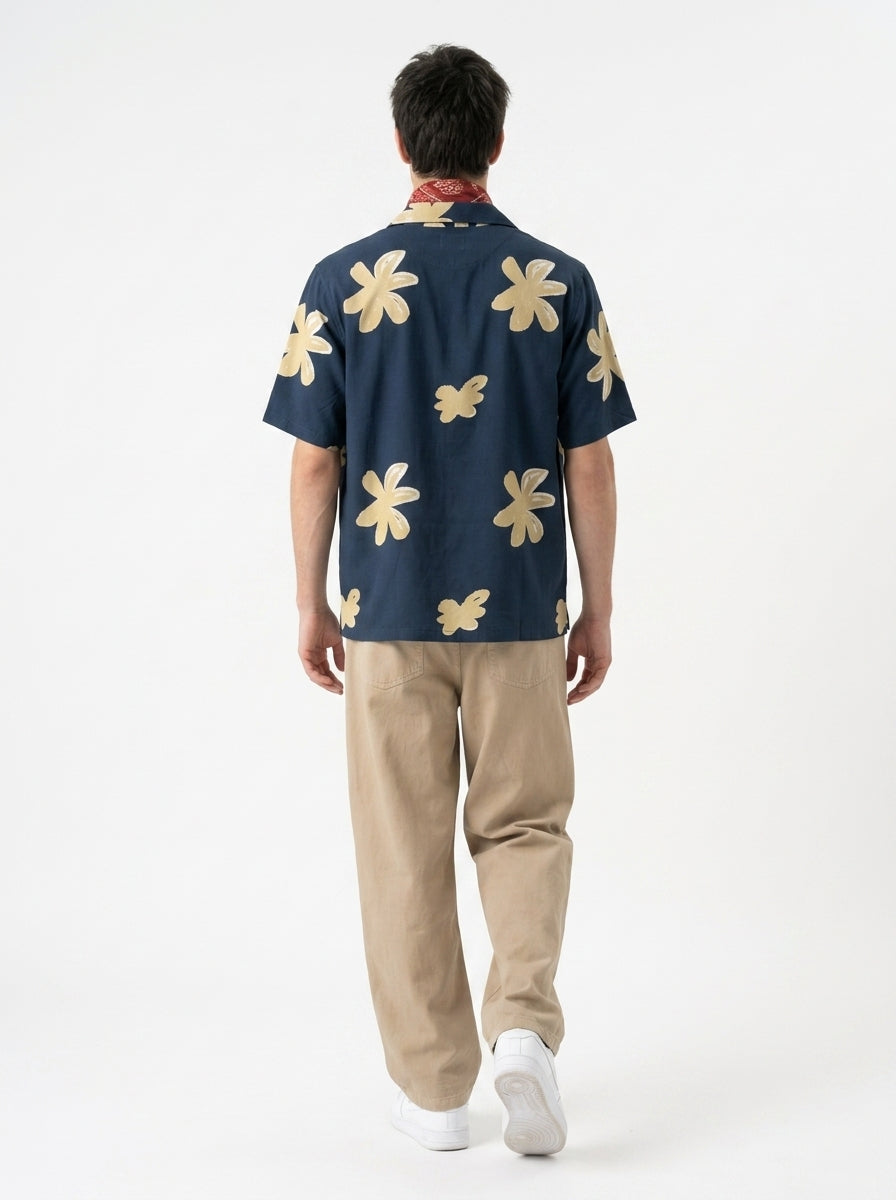 Blue Cuban Collar Floral Print Cotton Men's Shirt