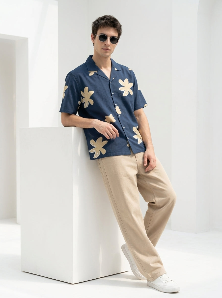 Blue Cuban Collar Floral Print Cotton Men's Shirt