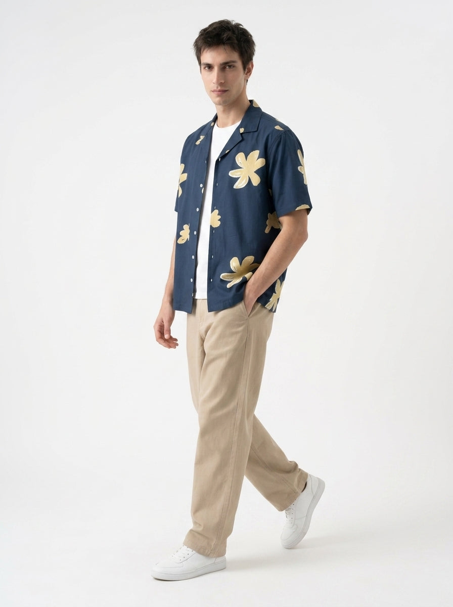 Blue Cuban Collar Floral Print Cotton Men's Shirt