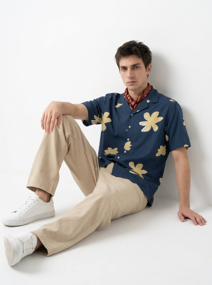Blue Cuban Collar Floral Print Cotton Men's Shirt