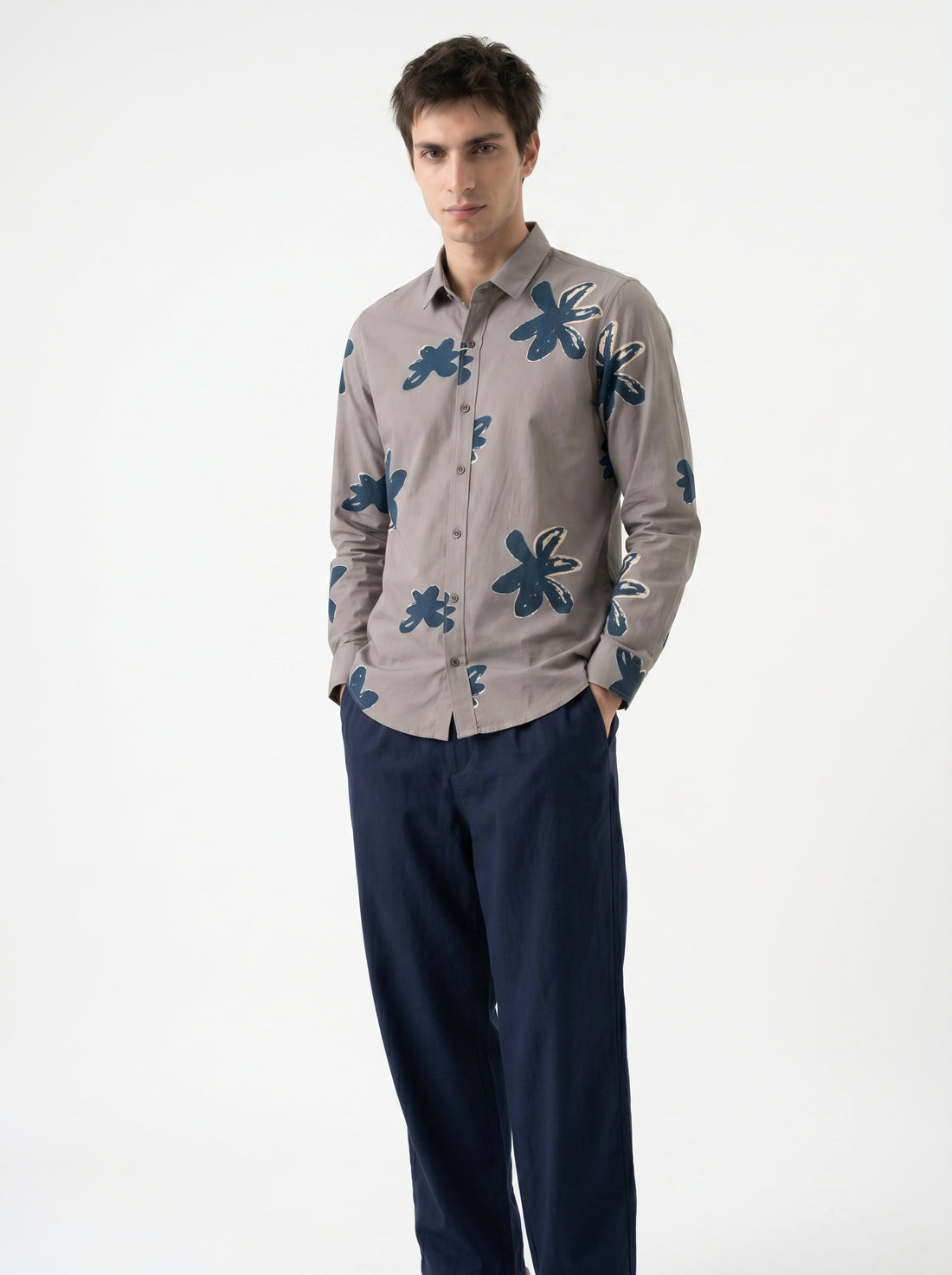 Grey Spread Collar Floral Print Regular Fit Cotton Men's Shirt