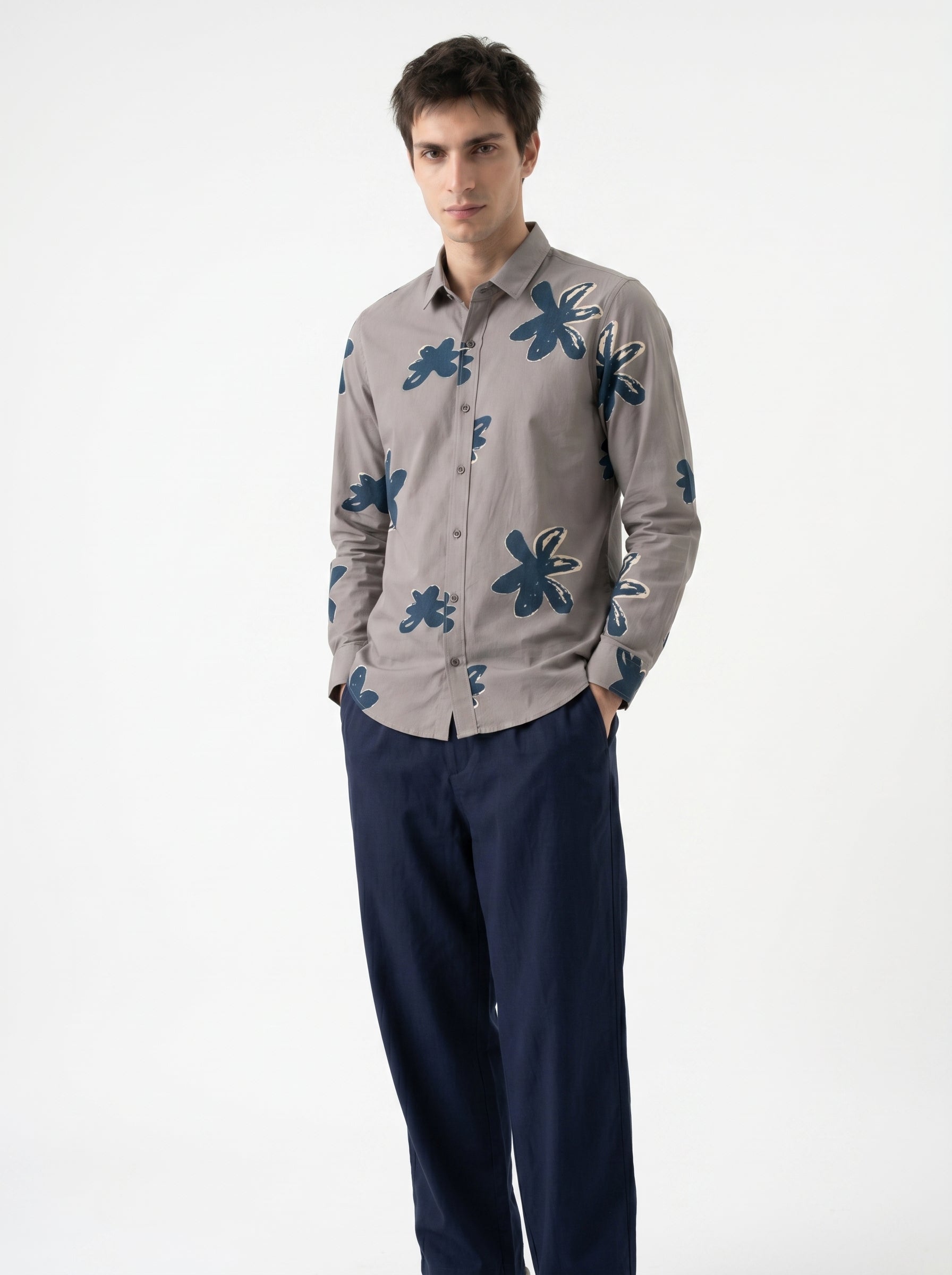Grey Spread Collar Floral Print Regular Fit Cotton Men's Shirt