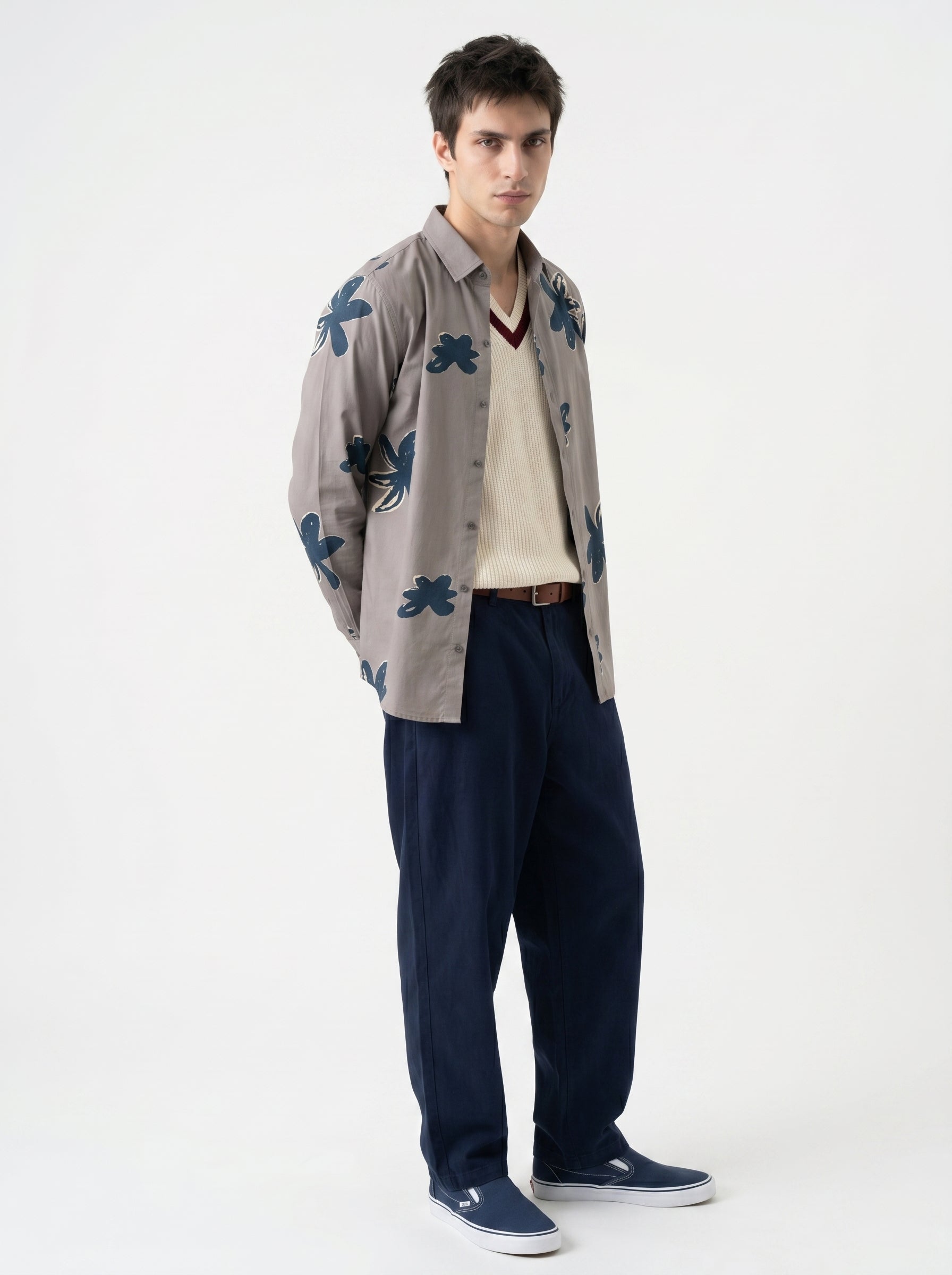 Grey Spread Collar Floral Print Regular Fit Cotton Men's Shirt