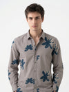 Grey Floral Print Spread Collar Cotton Men's Shirt
