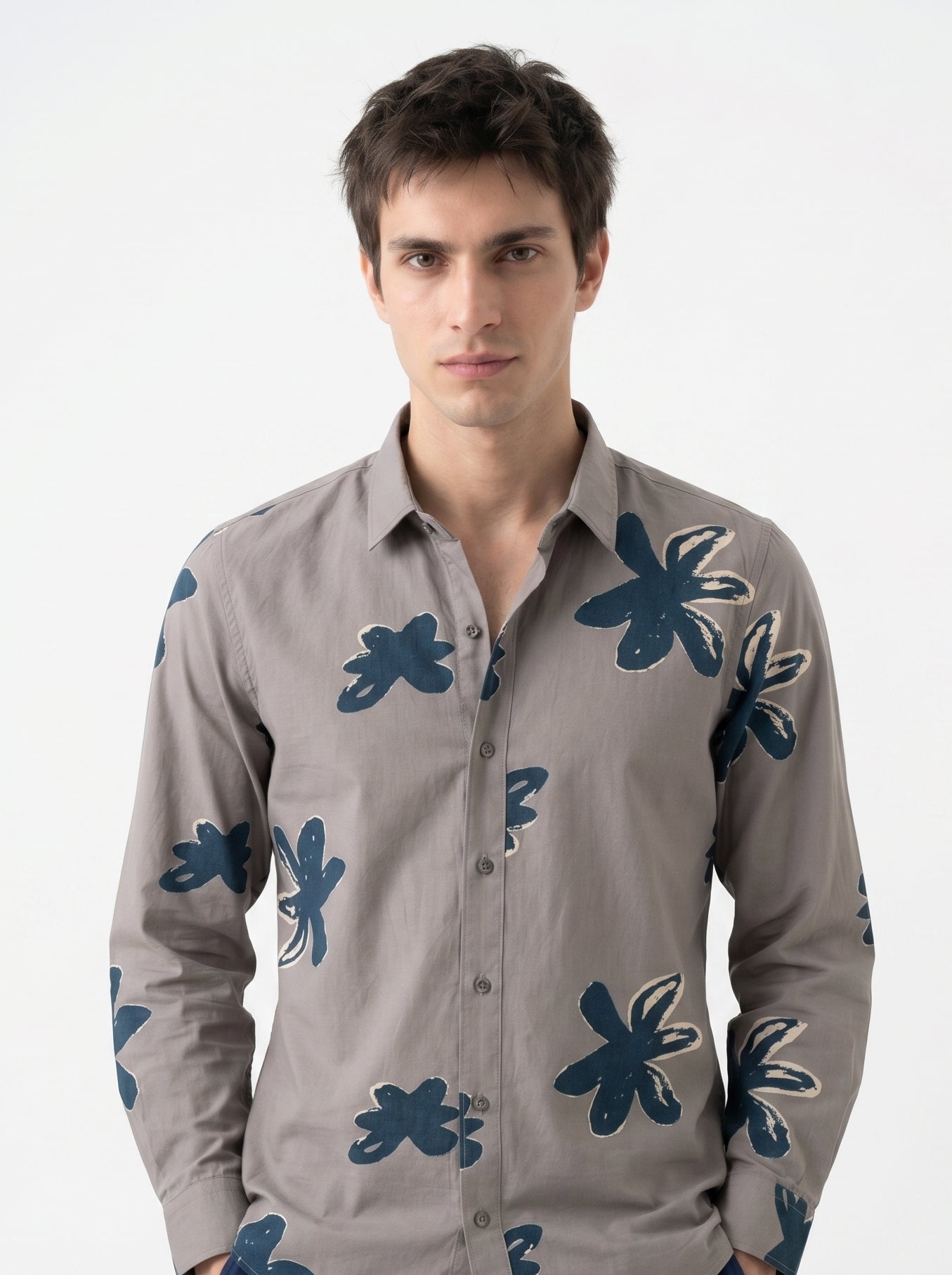 Grey Spread Collar Floral Print Regular Fit Cotton Men's Shirt