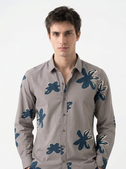 Grey Floral Print Spread Collar Cotton Men's Shirt
