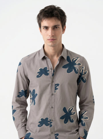 Grey Spread Collar Floral Print Regular Fit Cotton Men's Shirt