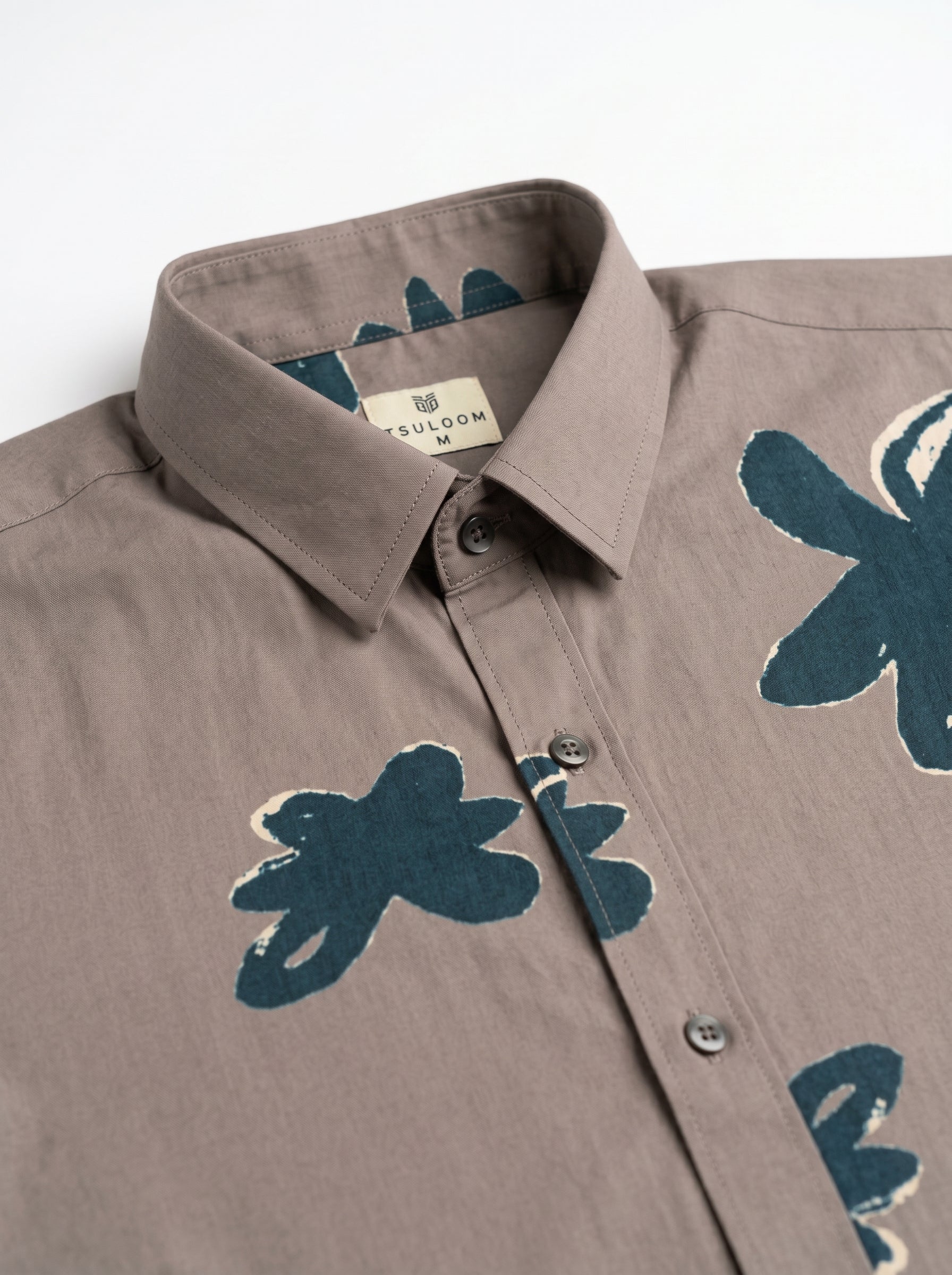Grey Spread Collar Floral Print Regular Fit Cotton Men's Shirt