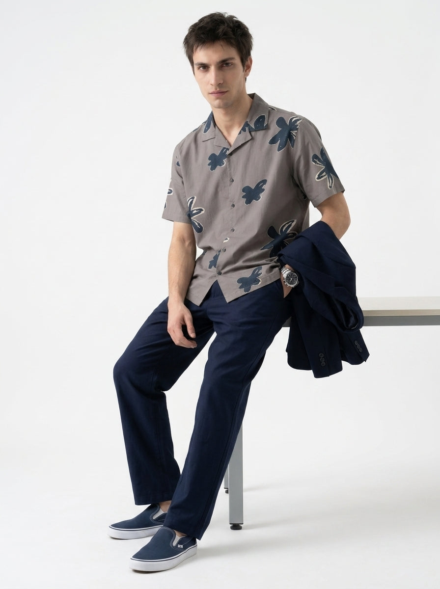 Grey Cuban Collar Floral Print Cotton Mens's Shirt