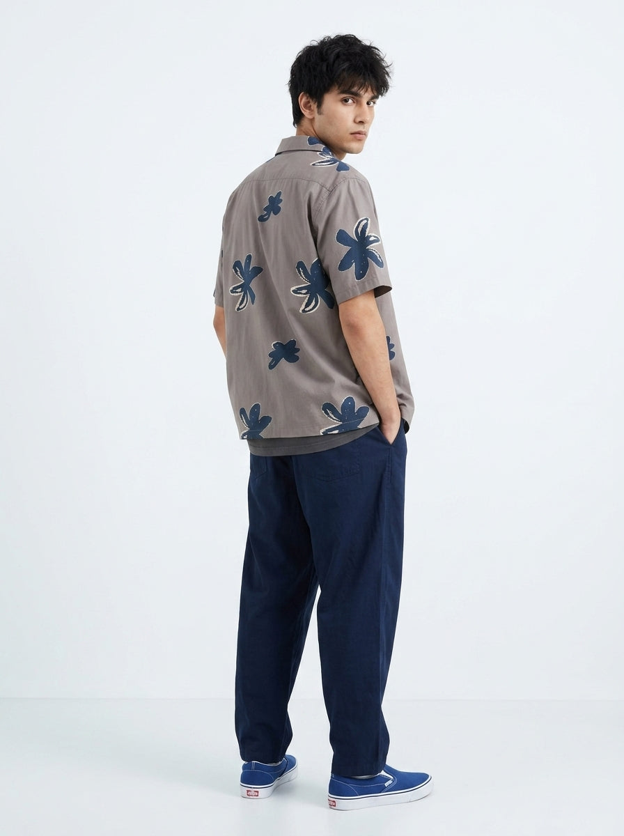 Grey Cuban Collar Floral Print Cotton Mens's Shirt