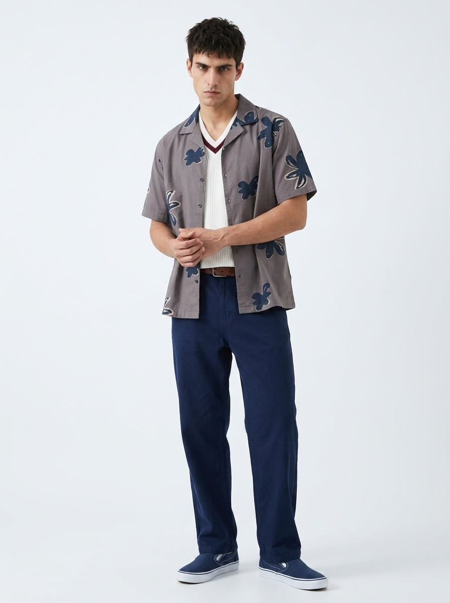 Grey Cuban Collar Floral Print Cotton Mens's Shirt