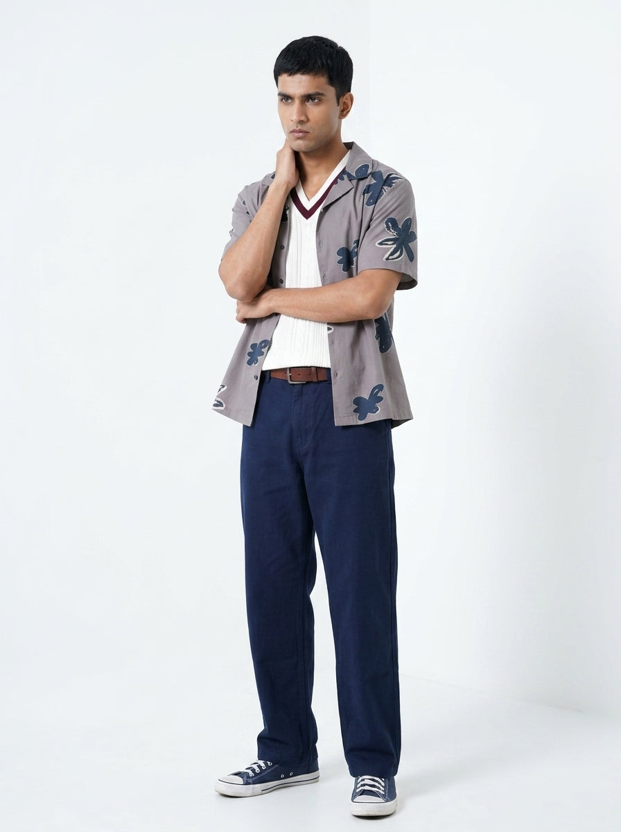 Grey Cuban Collar Floral Print Cotton Mens's Shirt