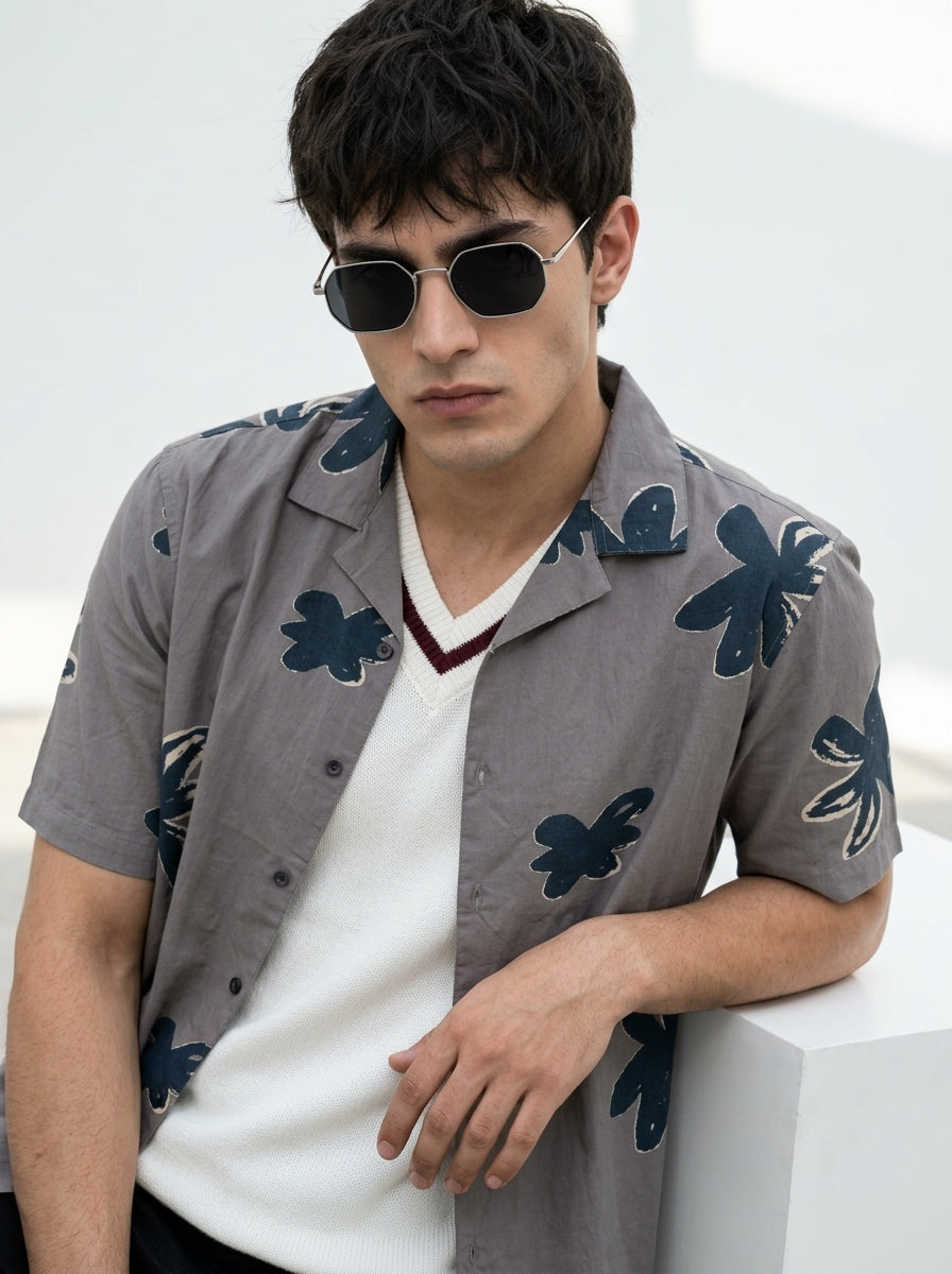 Grey Cuban Collar Floral Print Cotton Mens's Shirt