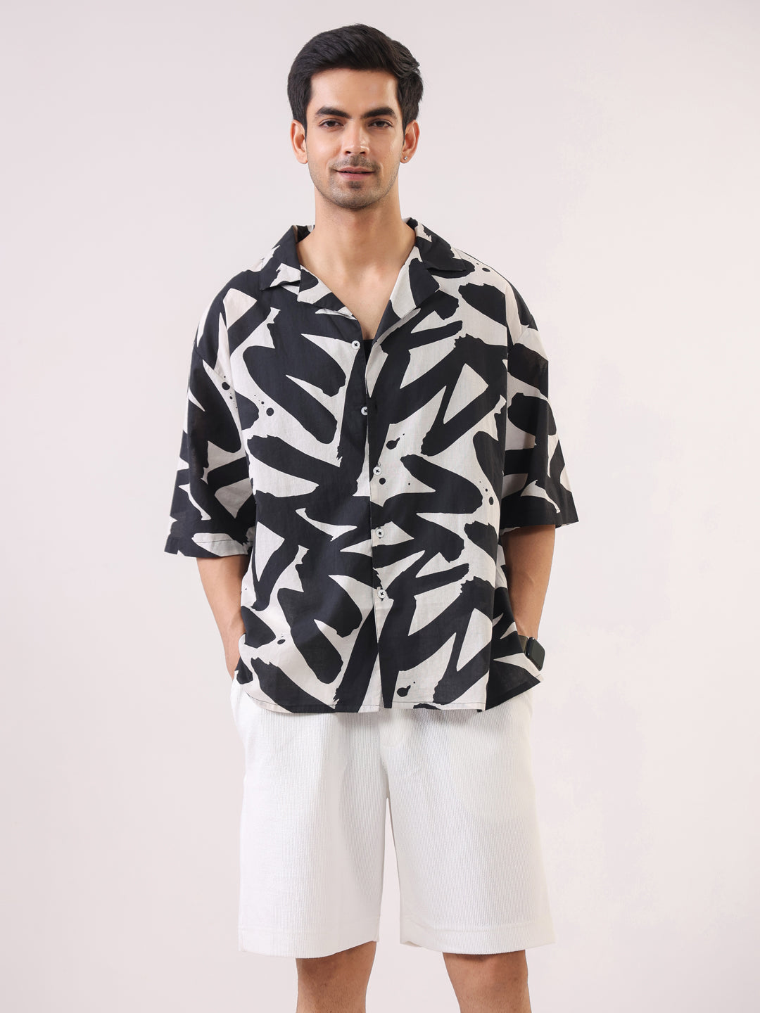 Black Abstract Print Cuban Collar Cotton Men's Shirt