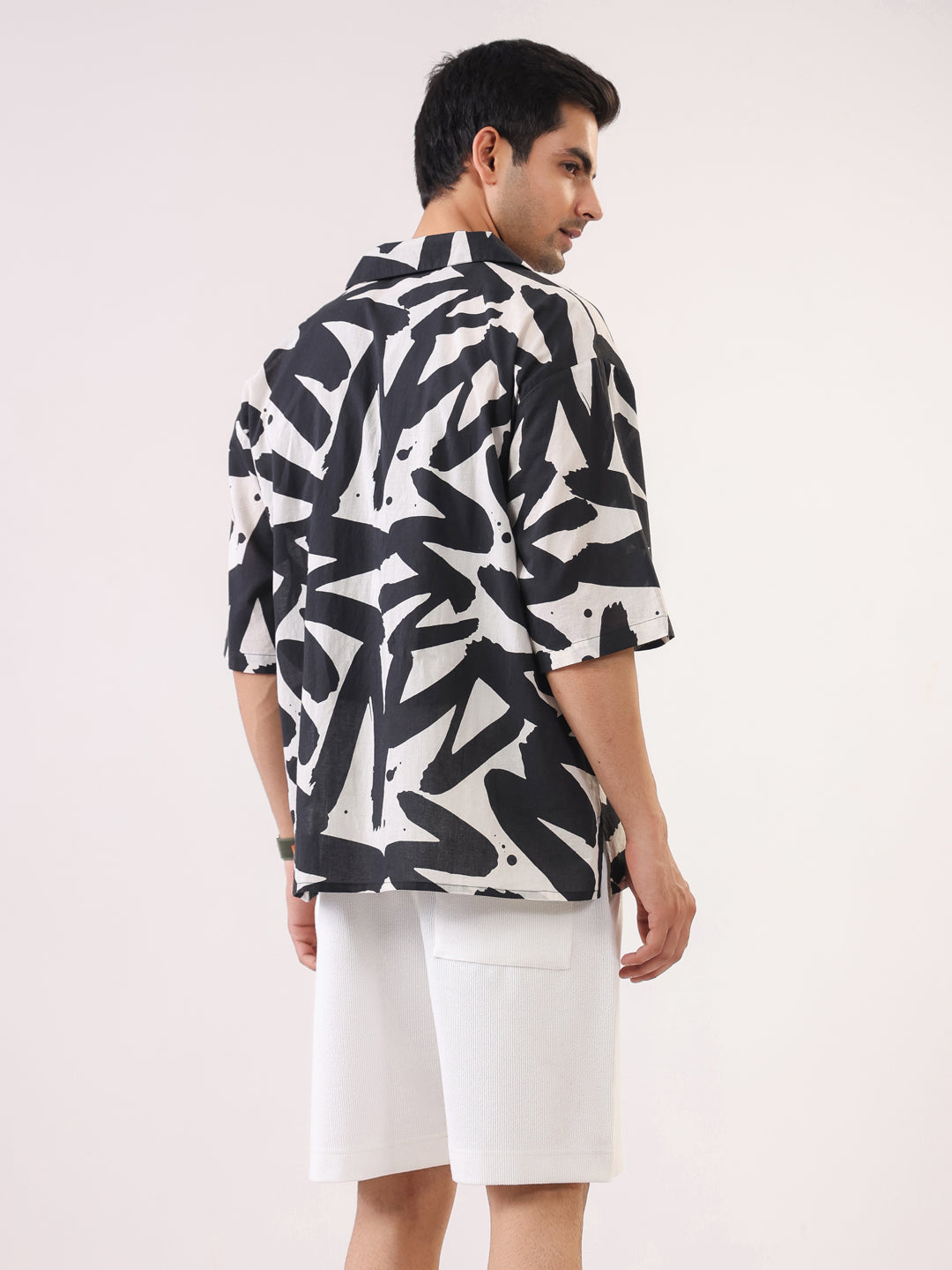 Black Abstract Print Cuban Collar Cotton Men's Shirt