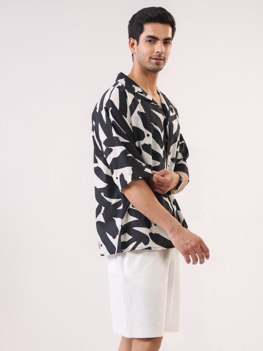 Black Abstract Print Cuban Collar Cotton Men's Shirt