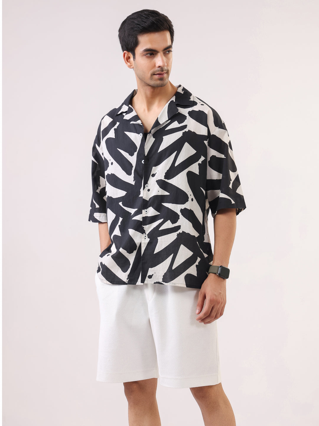 Black Abstract Print Cuban Collar Cotton Men's Shirt