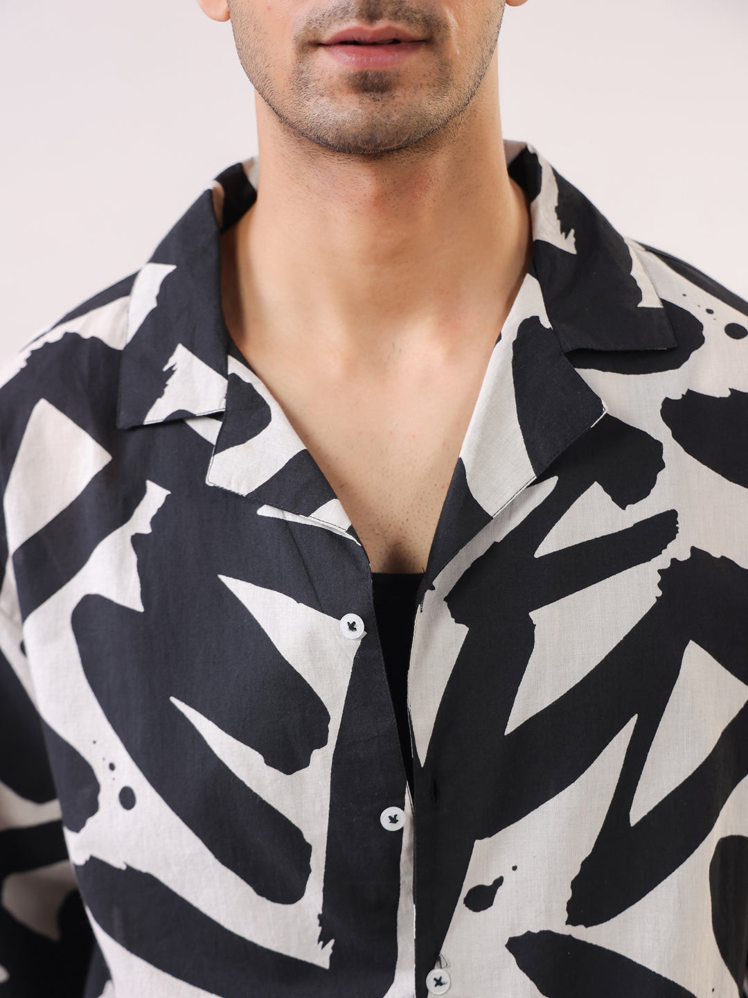 Black Abstract Print Cuban Collar Cotton Men's Shirt