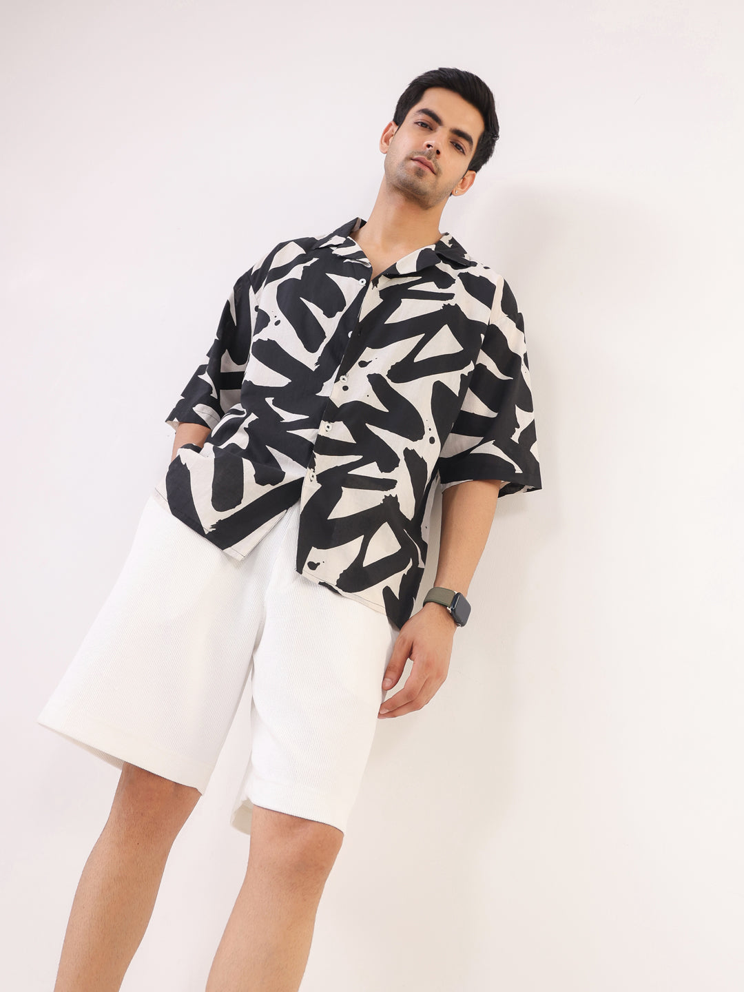 Black Abstract Print Cuban Collar Cotton Men's Shirt