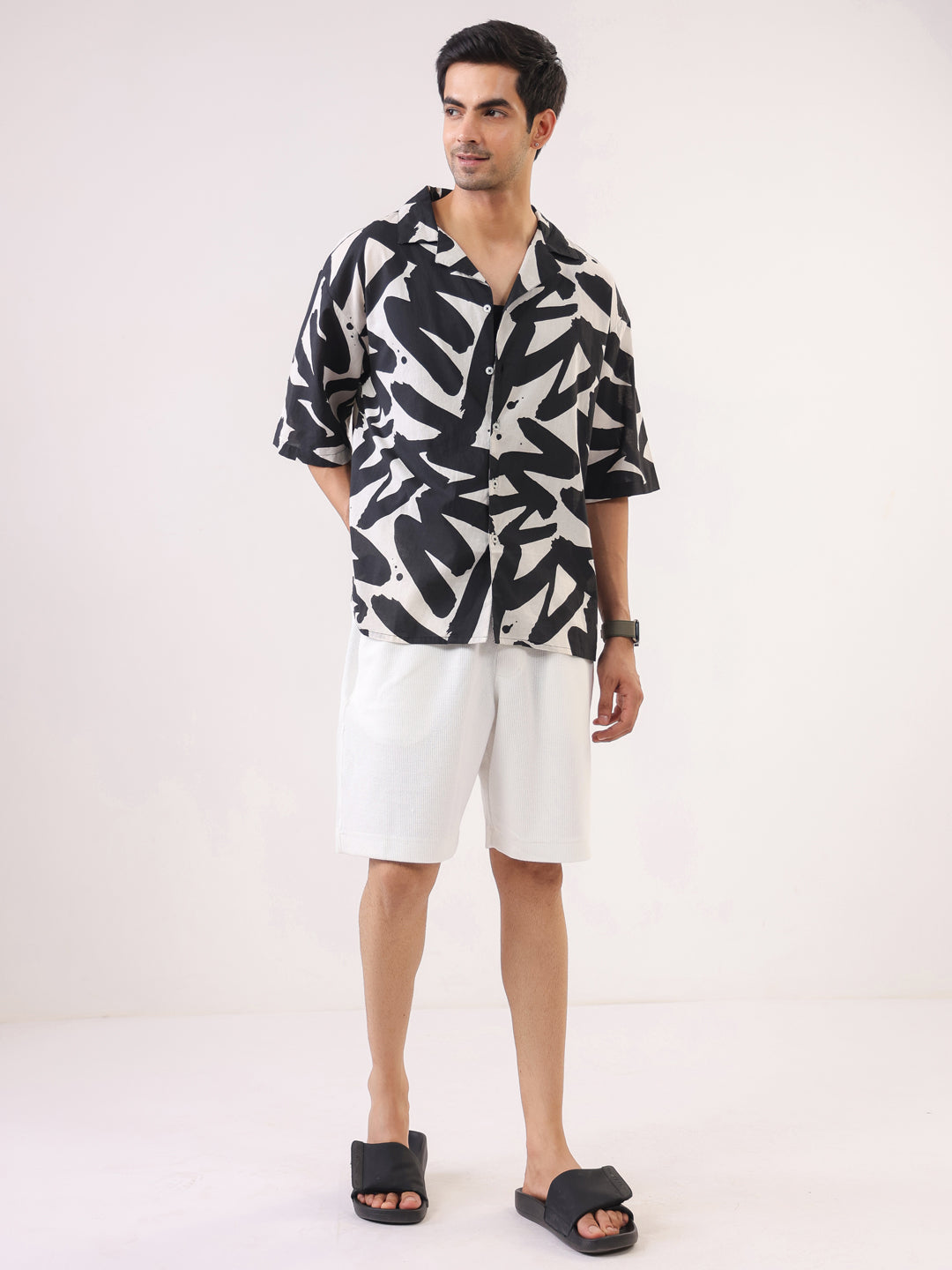 Black Abstract Print Cuban Collar Cotton Men's Shirt