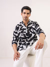 Black Cuban Collar Abstract Print Cotton Oversized Men's Shirt