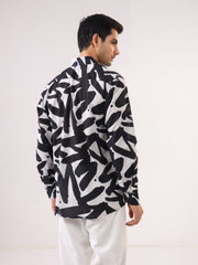 Black Cuban Collar Abstract Print Cotton Oversized Men's Shirt
