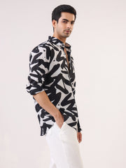 Black Cuban Collar Abstract Print Cotton Oversized Men's Shirt