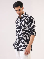 Black Cuban Collar Abstract Print Cotton Oversized Men's Shirt