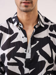 Black Cuban Collar Abstract Print Cotton Oversized Men's Shirt