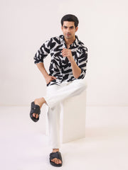 Black Cuban Collar Abstract Print Cotton Oversized Men's Shirt