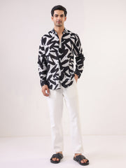 Black Cuban Collar Abstract Print Cotton Oversized Men's Shirt