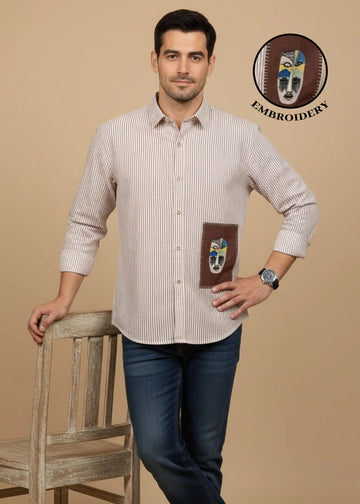 White Band Collar Striped Print Cotton Men's Shirt