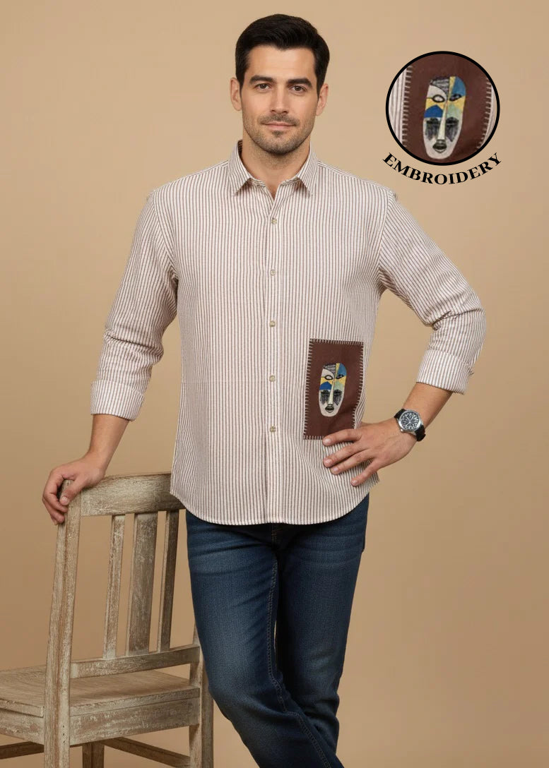 White Band Collar Striped Print Cotton Men's Shirt