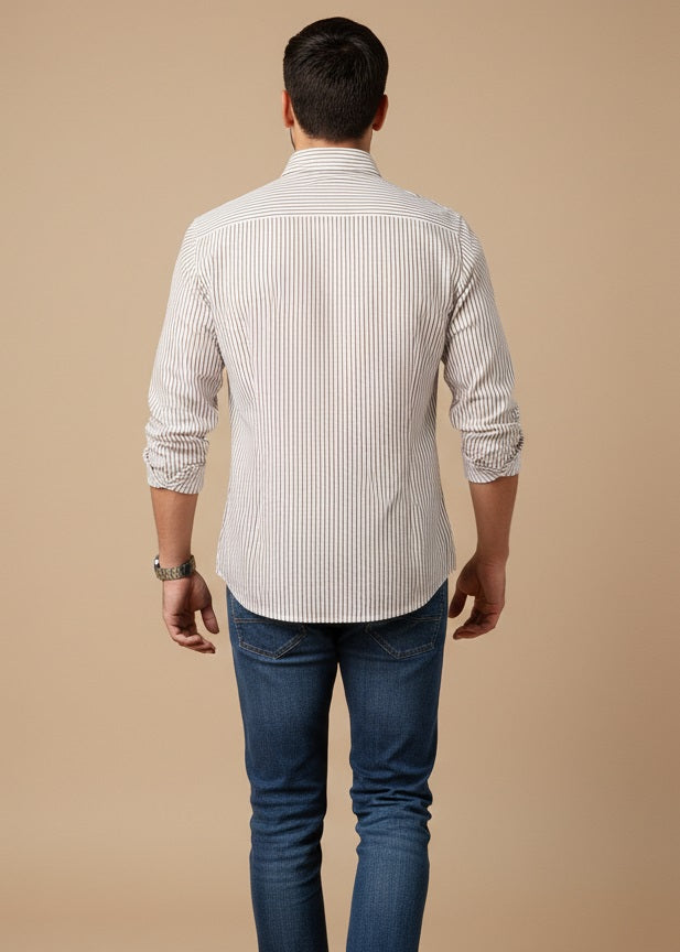 White Band Collar Striped Print Cotton Men's Shirt