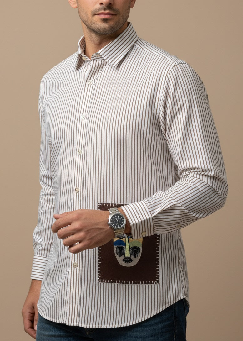 White Band Collar Striped Print Cotton Men's Shirt