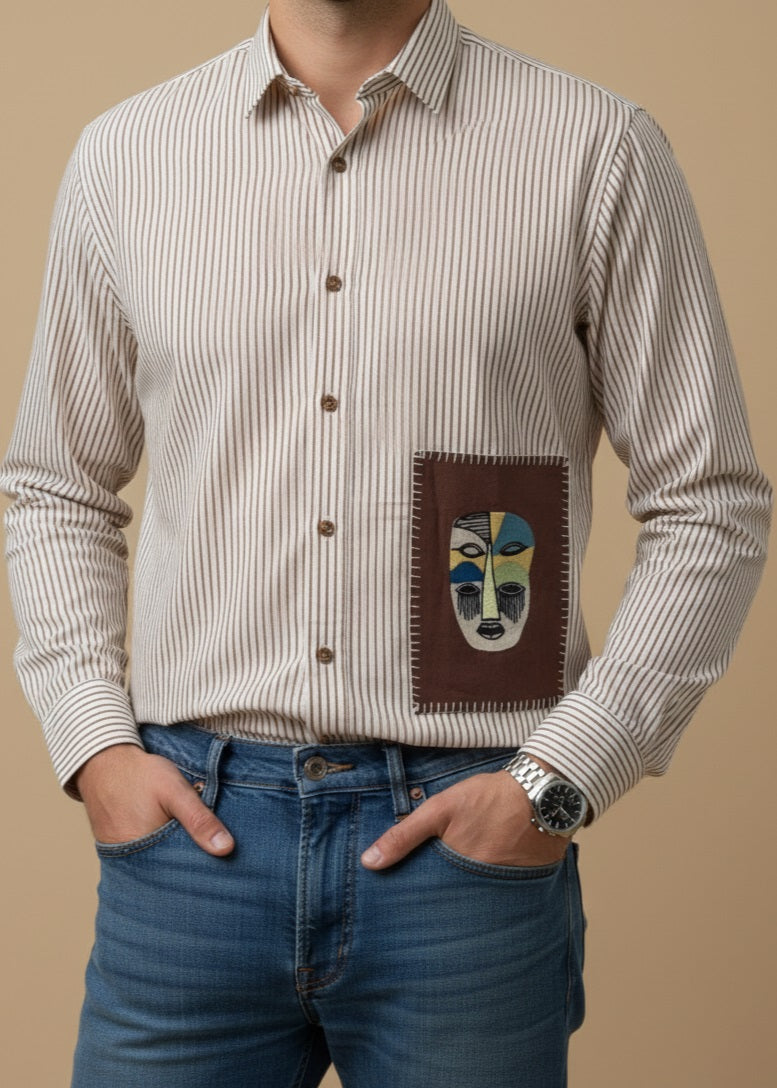 White Band Collar Striped Print Cotton Men's Shirt