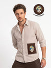 White Embroidred Striped Print Cotton Band Collar Men's Shirt