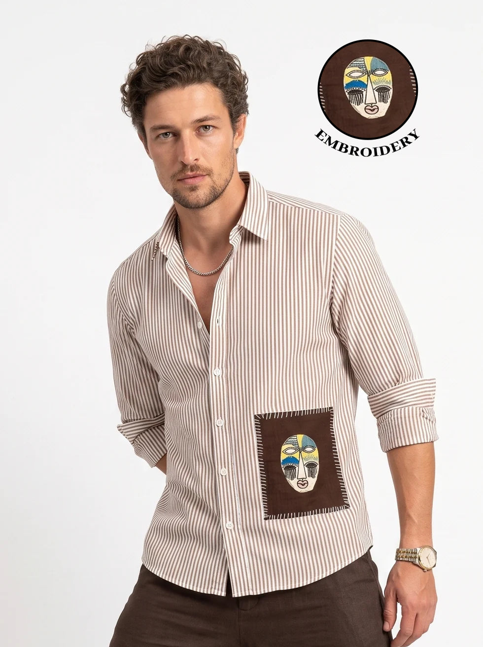 White Embroidred Striped Print Cotton Band Collar Men's Shirt