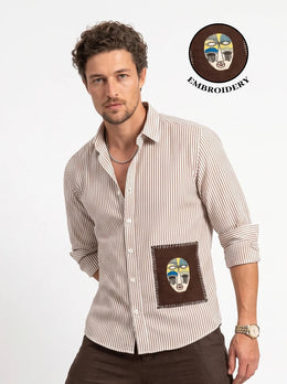 White Embroidred Striped Print Cotton Band Collar Men's Shirt