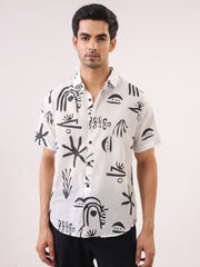White Abstract Print Cotton Band Collar Men's Shirt