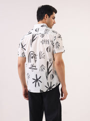White Abstract Print Cotton Band Collar Men's Shirt