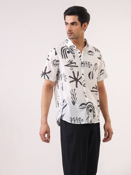 White Abstract Print Cotton Band Collar Men's Shirt