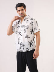 White Abstract Print Cotton Band Collar Men's Shirt