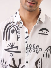 White Abstract Print Cotton Band Collar Men's Shirt