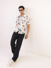 White Abstract Print Cotton Band Collar Men's Shirt