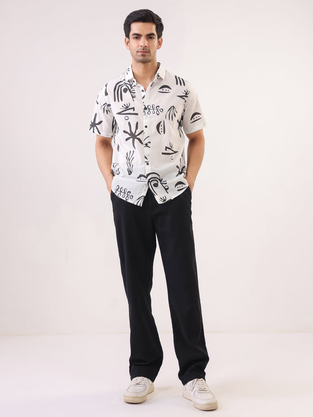 White Abstract Print Band Collar Cotton Men's Shirt