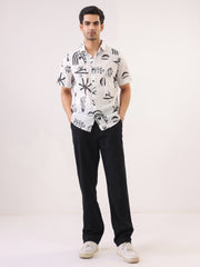 White Abstract Print Cotton Band Collar Men's Shirt