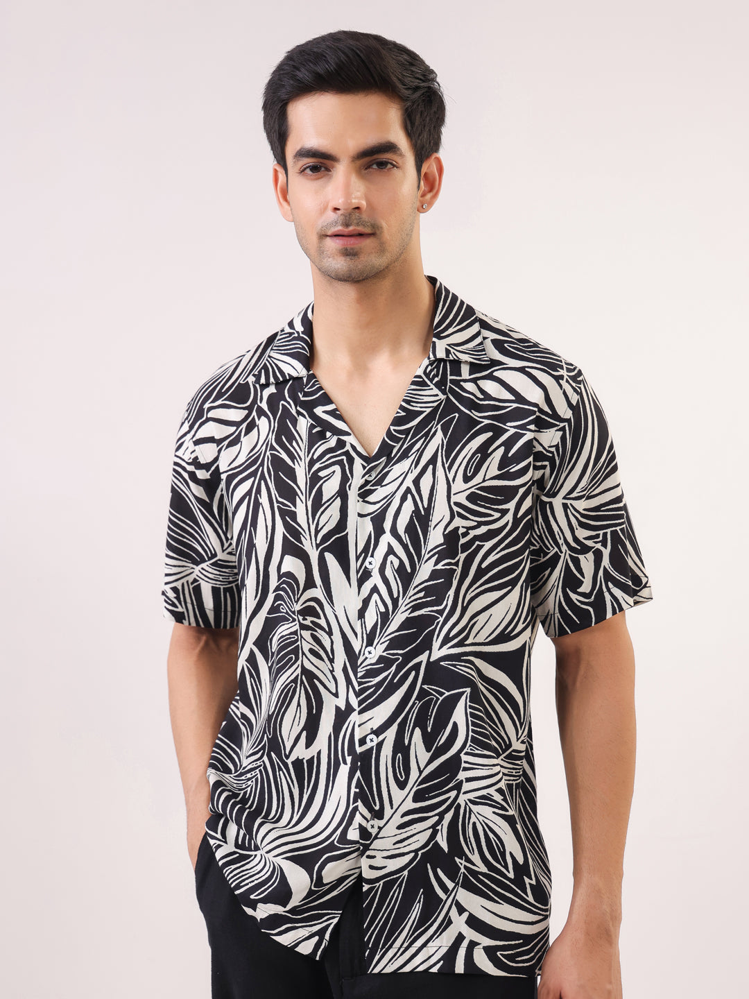 Black Cuban Collar Abstract Print Viscose Rayon Men's Shirt