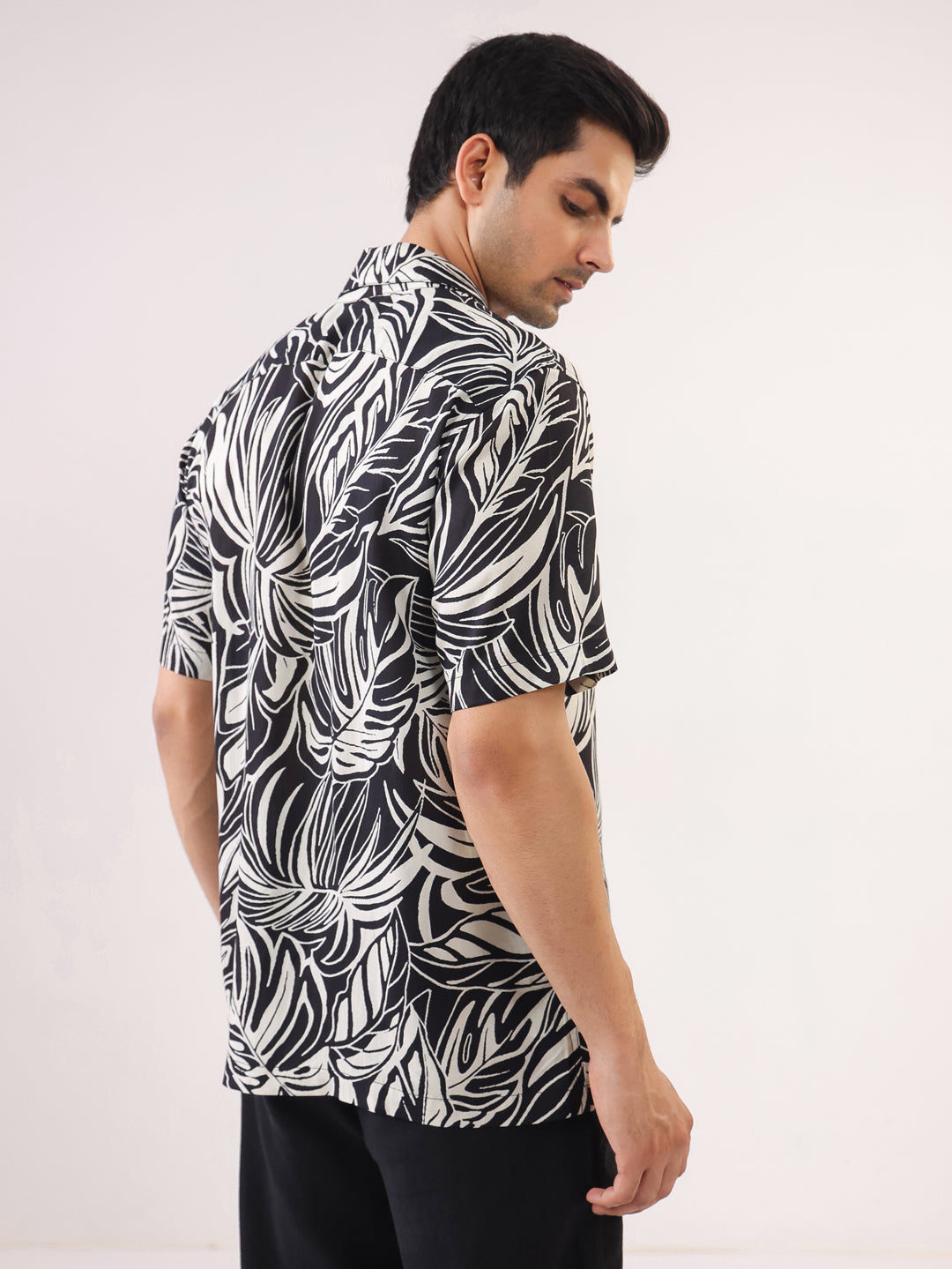 Black Cuban Collar Abstract Print Viscose Rayon Men's Shirt