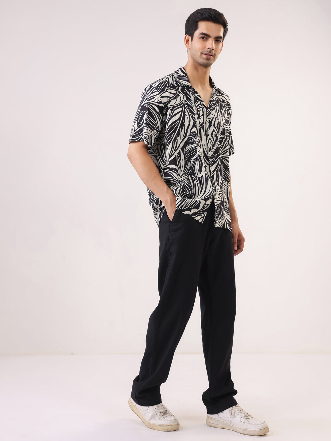 Black Cuban Collar Abstract Print Viscose Rayon Men's Shirt